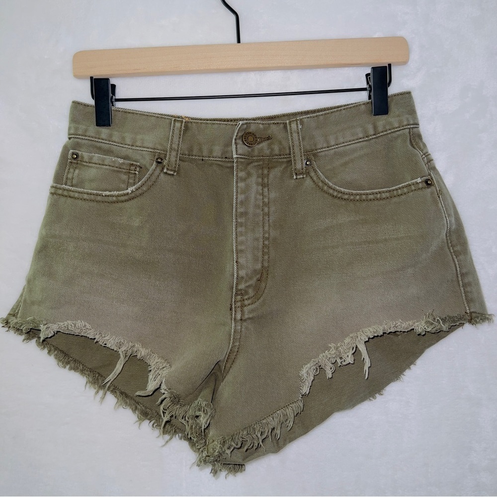 Urban Outfitters Olive Green High Waist Frayed Denim Shorts